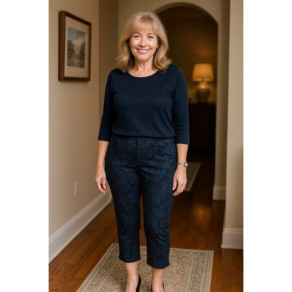 Susan Graver Sz 8 Jacquard Ankle Pants Navy Blue Floral Slim Stretch Career - Picture 2 of 11